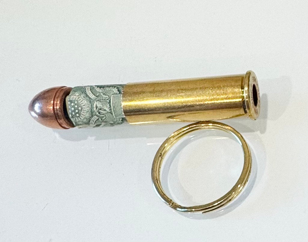 Handmade Keychain – 44 Magnum Bullet Casing – Rustic Brass Ammo Gift